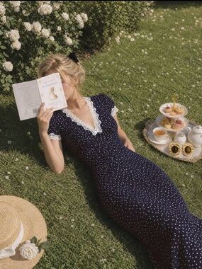 Lace-Trim Navy Polka Dot Nightdress
